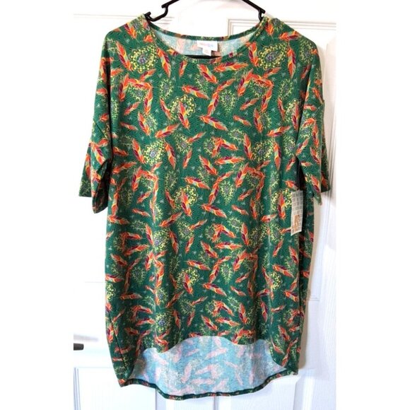 Lularoe Women's Irma Short XS Sleeve Tunic Green Feathers Paisley Print - Picture 1 of 9